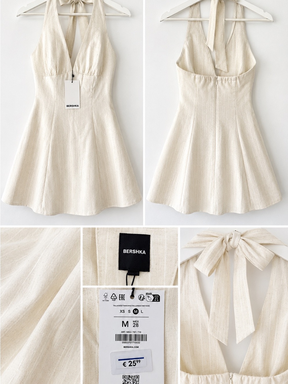 Bershka Cream Halter Tie-Back Flared Mini Dress